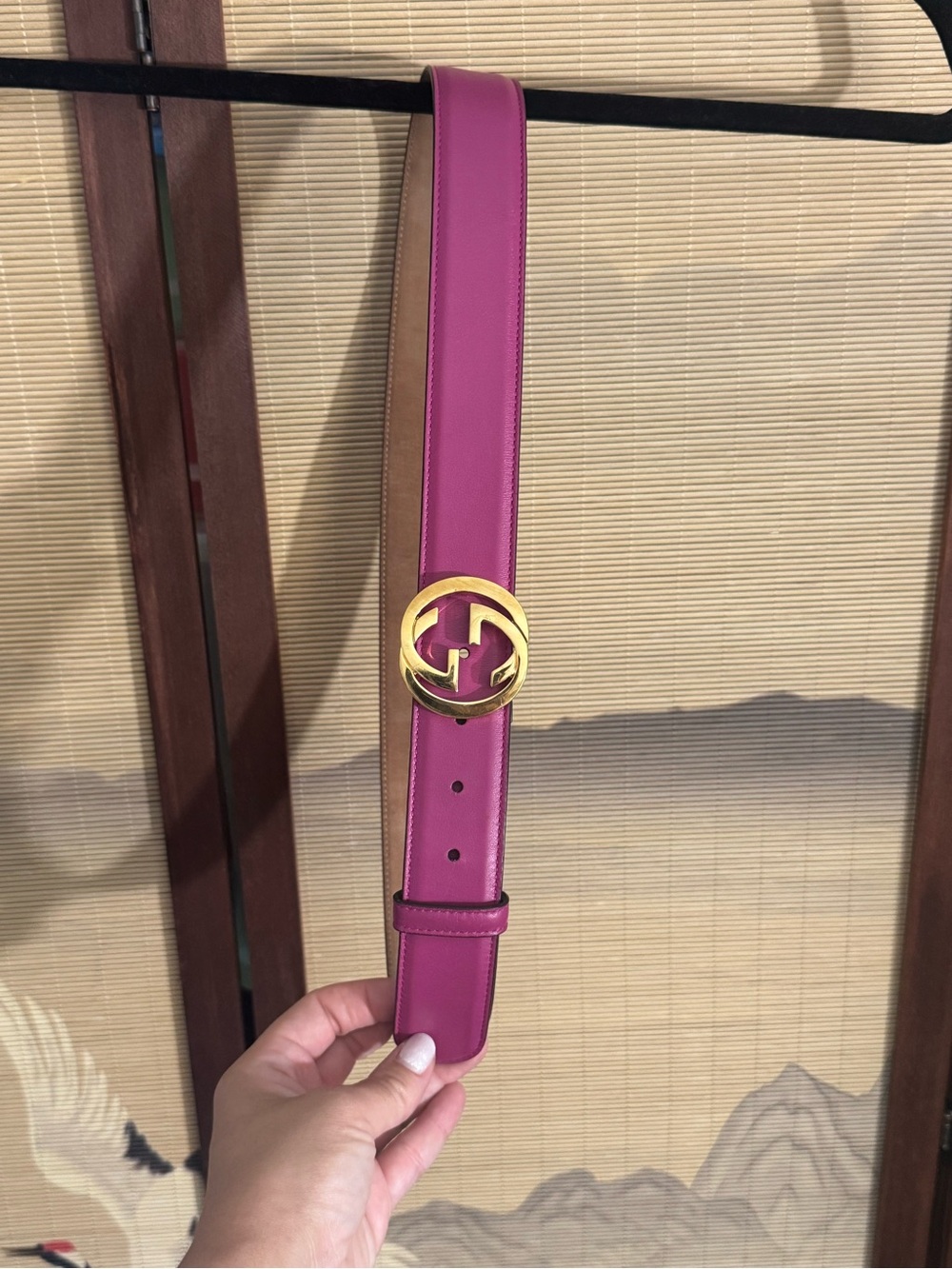 Gucci Fuchsia Leather Belt with Gold Double G Buckle